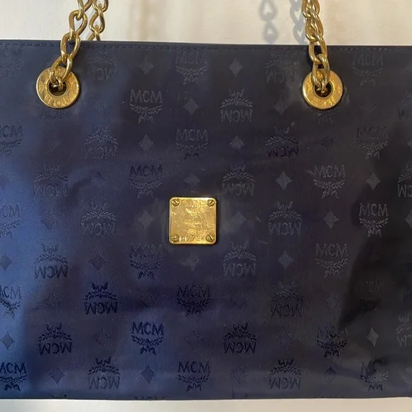 MCM Visetos Pattern Nylon Chain Tote Bag Shoulder Navy x Gold - Picture 2 of 8